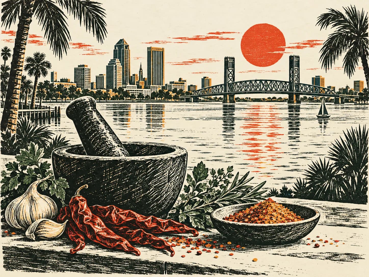 Linocut illustration of Jacksonville's riverfront and bridge with a mortar, peppers, and herbs in the foreground