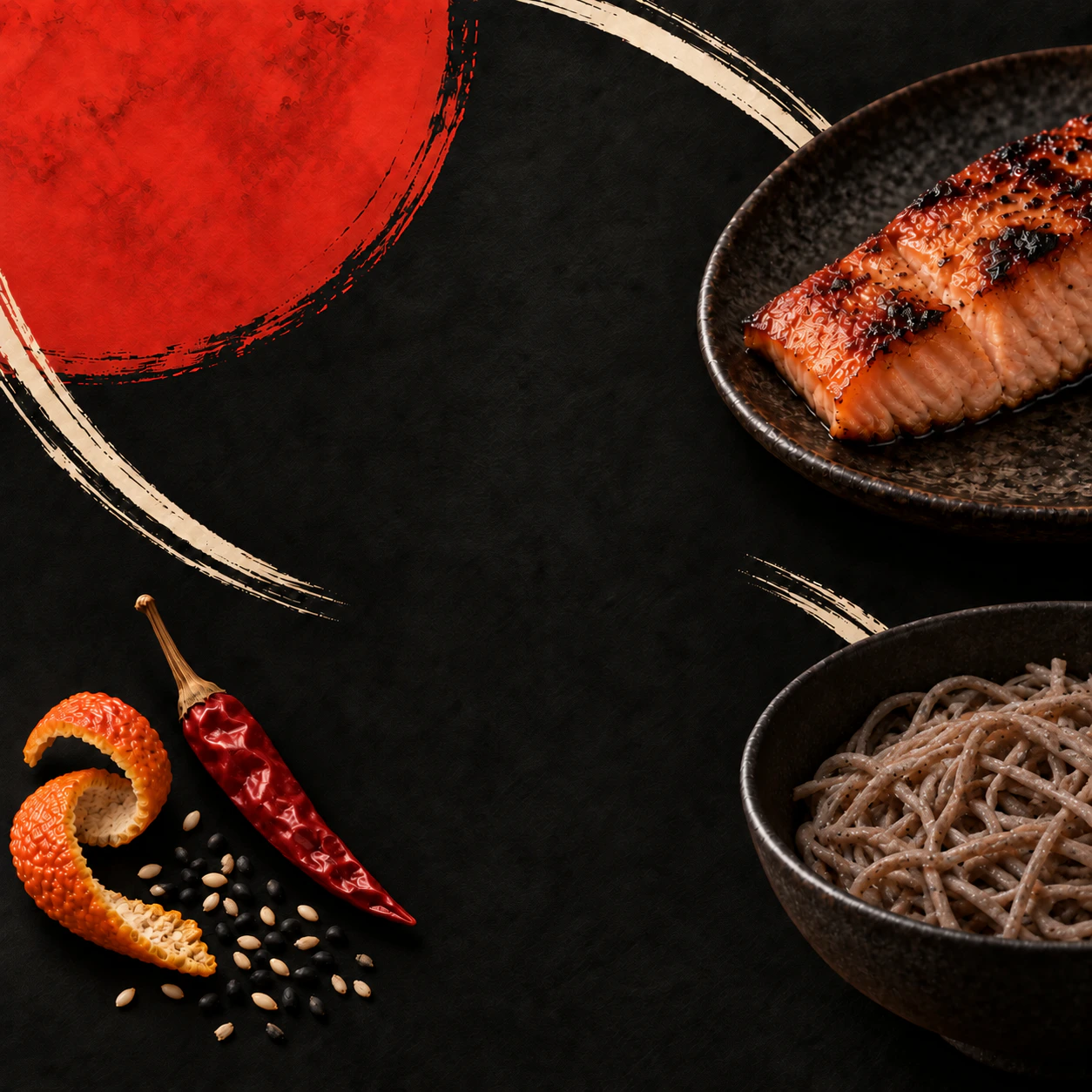 Glazed salmon, soba noodles, sesame, orange peel, and red chile