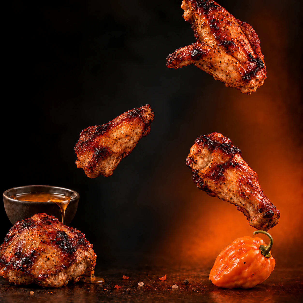 Smoky honey chicken with honey and fresh habanero